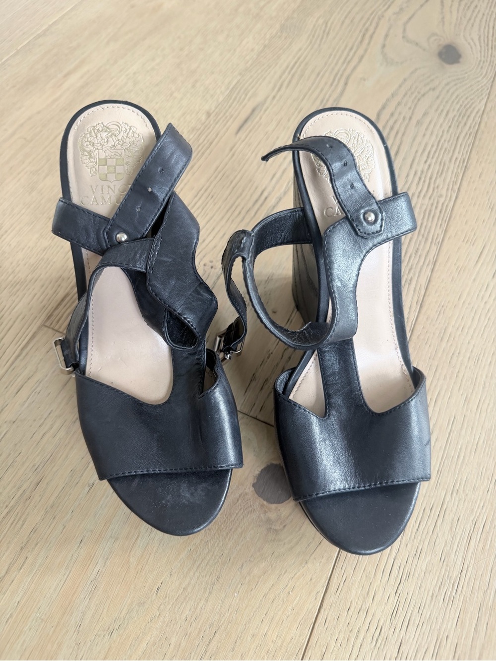Vince Camuto Black Leather Strappy Open-Toe Heels
